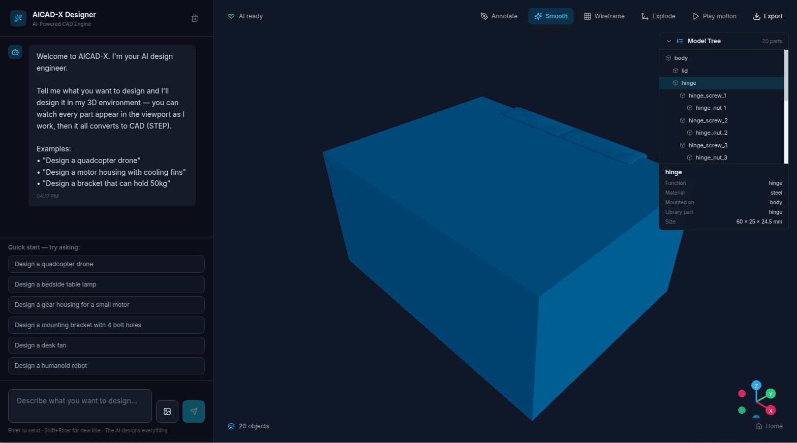 AICAD-X editor showing the viewport, Model Tree and Inspector for a finished box with lid