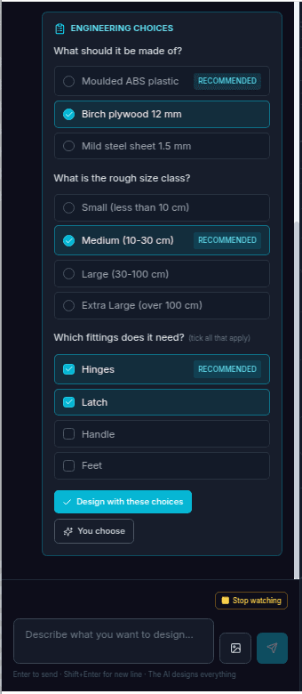 Engineering Choices card in the AICAD-X chat panel with tick-box options and recommended picks