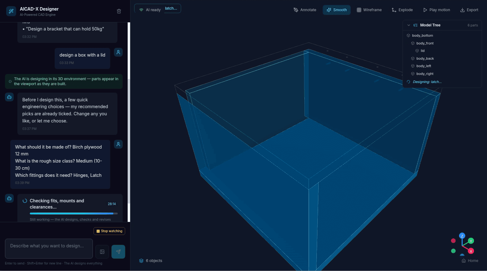 AICAD-X viewport mid-build with parts appearing and the live event stream